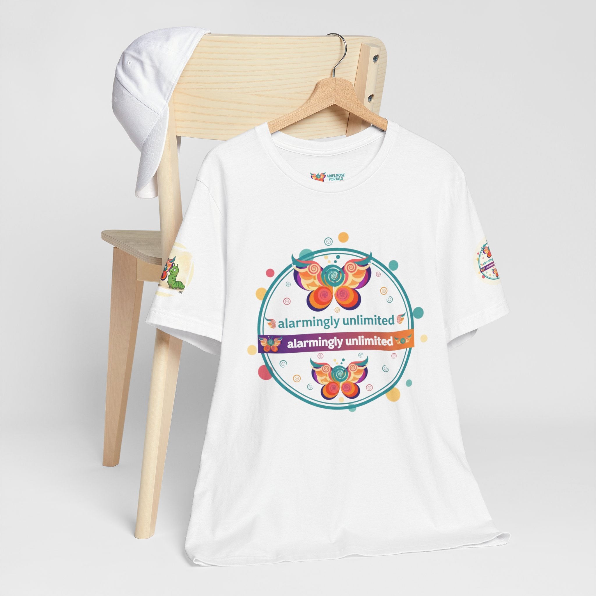 Butterfly & Caterpillar Tee — "alarmingly unlimited" Colorful Graphic T-Shirt