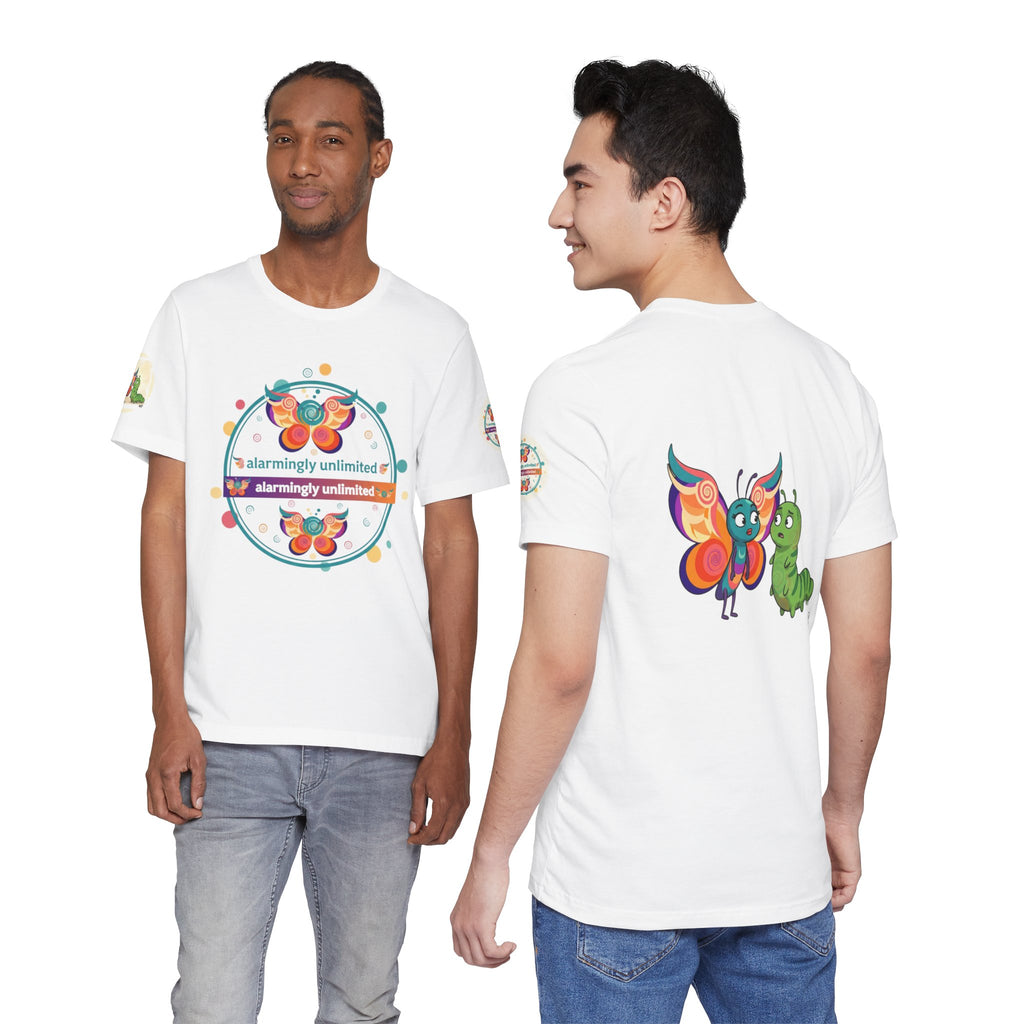 Butterfly & Caterpillar Tee — "alarmingly unlimited" Colorful Graphic T-Shirt