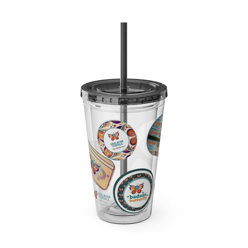 16 oz Sunsplash Tumbler with Straw — Retro Butterfly Sticker Design