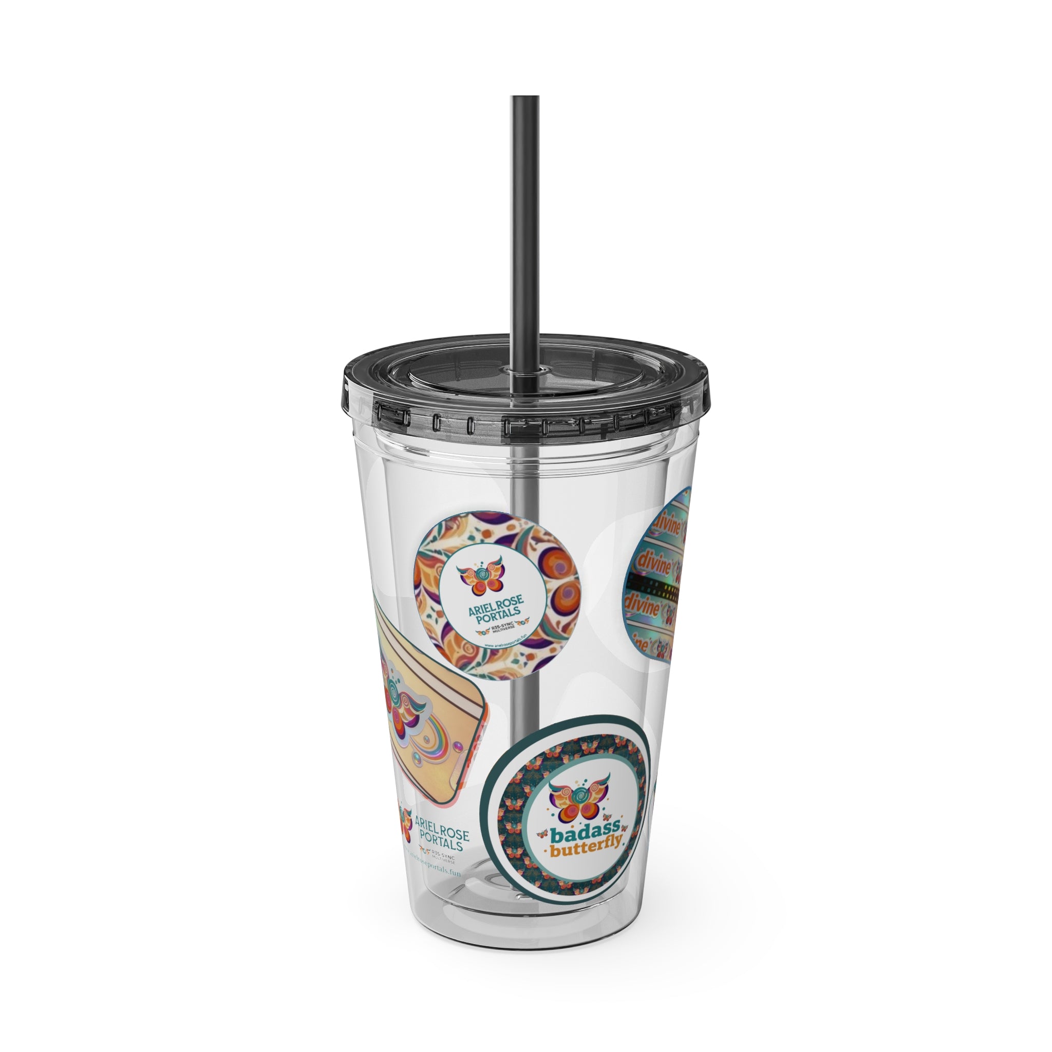 16 oz Sunsplash Tumbler with Straw — Retro Butterfly Sticker Design