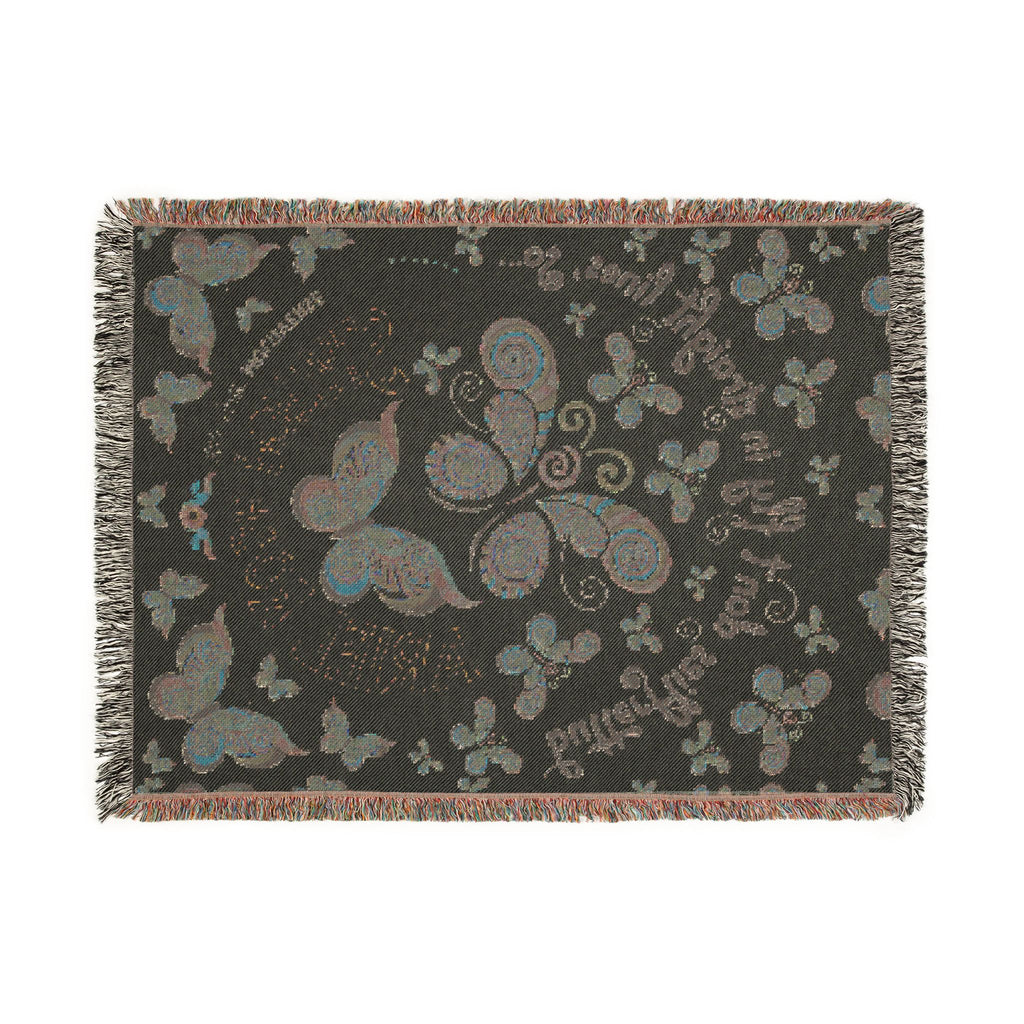 First Class Stardust Op Art Butterfly Woven Blanket — Earthtone Fringe Throw with Inspiring Script