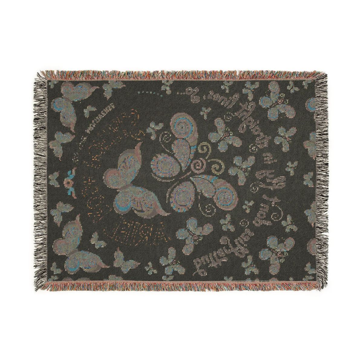 First Class Stardust Op Art Butterfly Woven Blanket — Earthtone Fringe Throw with Inspiring Script