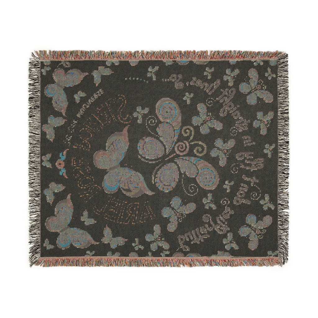 First Class Stardust Op Art Butterfly Woven Blanket — Earthtone Fringe Throw with Inspiring Script