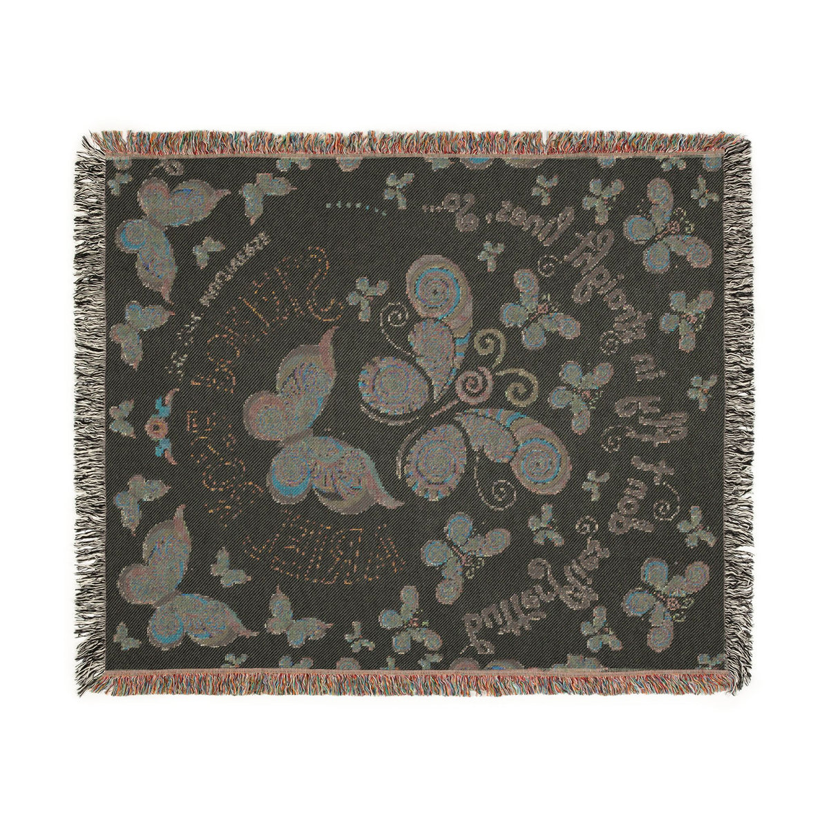 First Class Stardust Op Art Butterfly Woven Blanket — Earthtone Fringe Throw with Inspiring Script