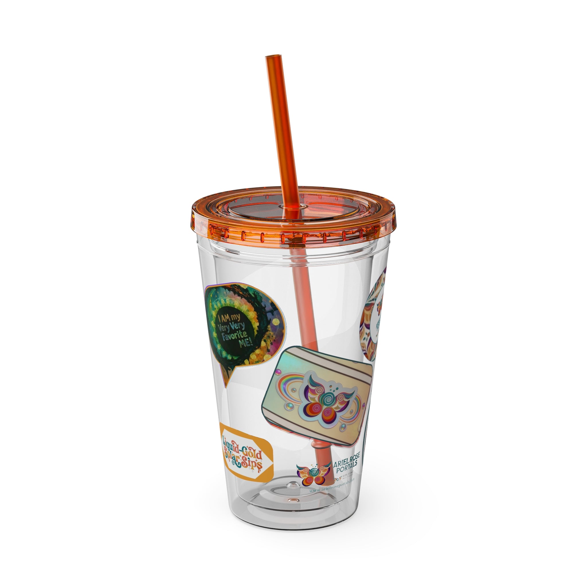 16oz Sunsplash Tumbler with Straw — Retro Butterfly Sticker Design