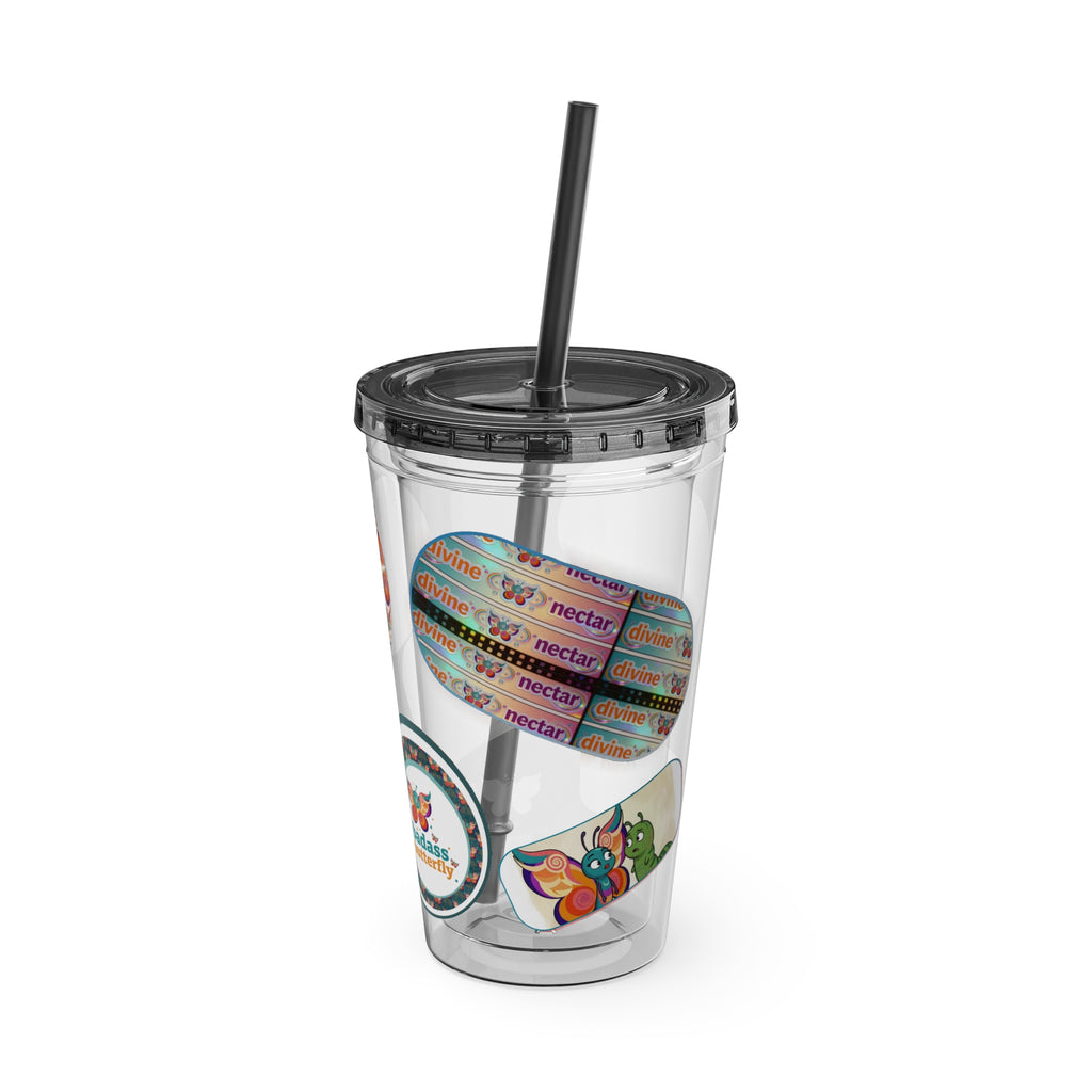 16 oz Sunsplash Tumbler with Straw — Retro Butterfly Sticker Design