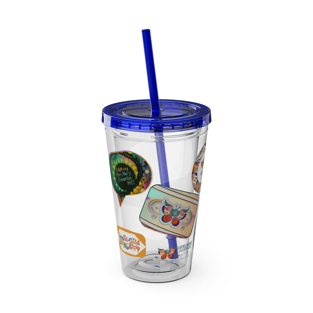 16 oz Sunsplash Tumbler with Straw — Retro Butterfly Sticker Design
