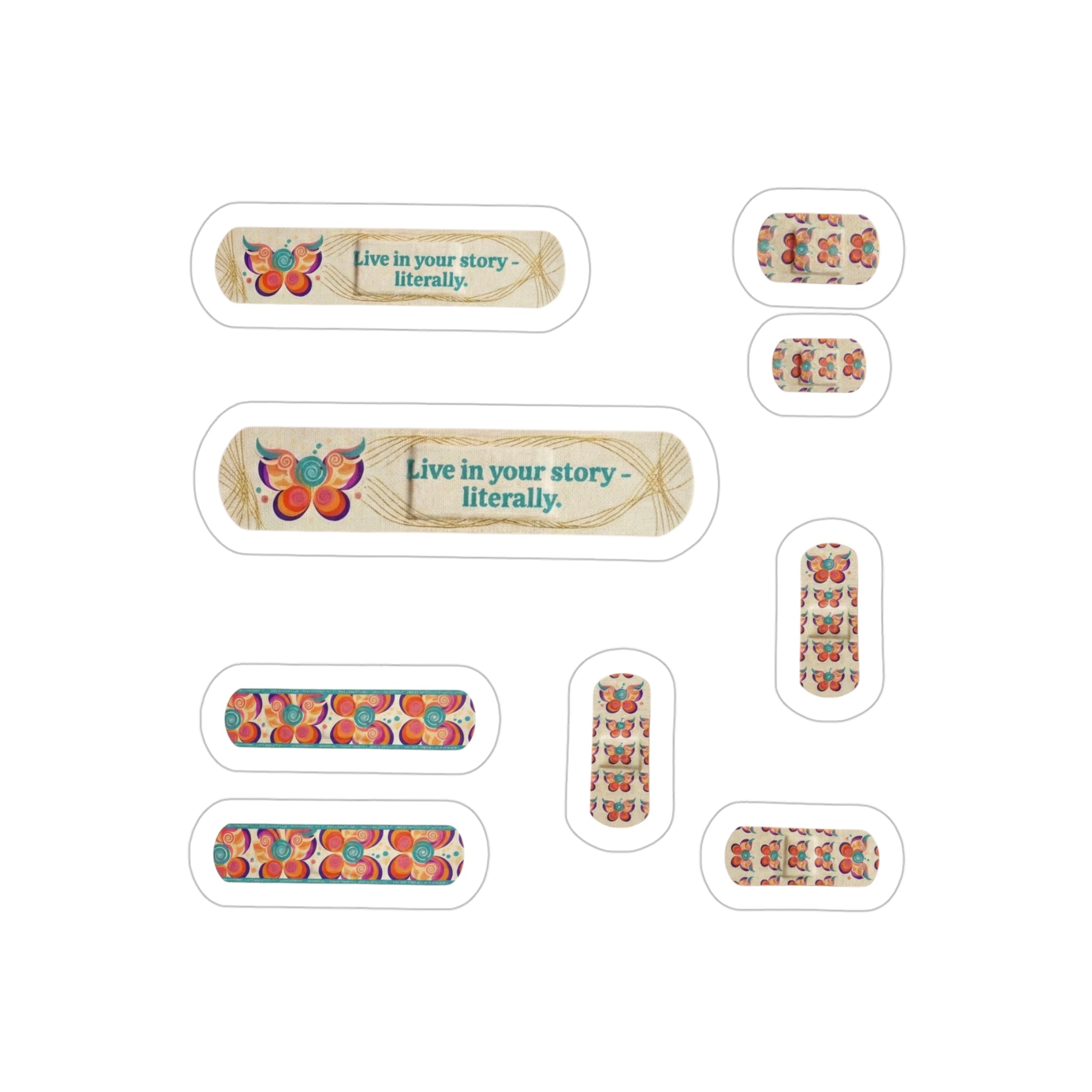Sticker — "Live in your story — literally." Die-Cut Transparent Outdoor Bandaid Stickers