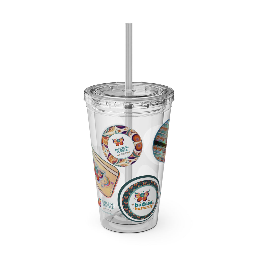 16 oz Sunsplash Tumbler with Straw — Retro Butterfly Sticker Design