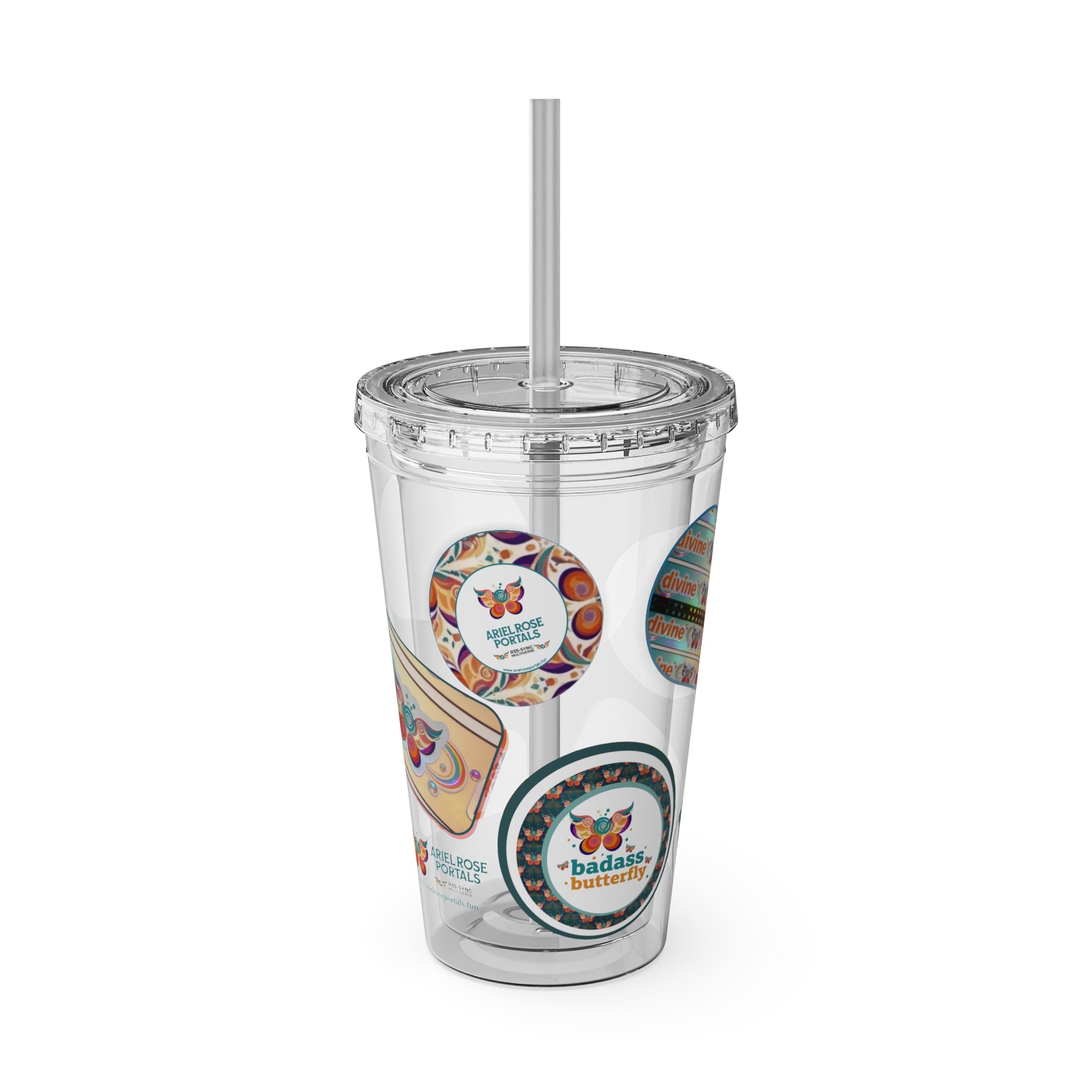 16 oz Sunsplash Tumbler with Straw — Retro Butterfly Sticker Design