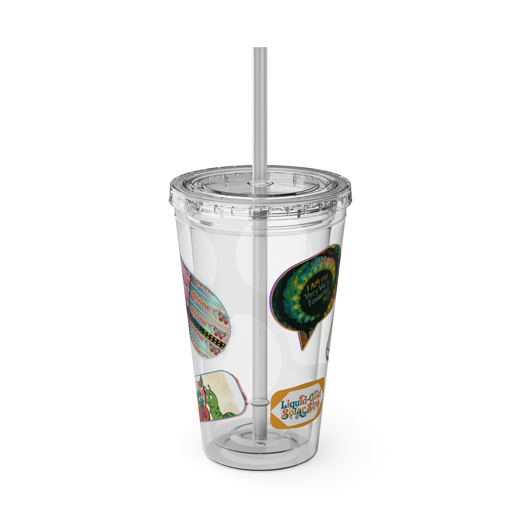 16 oz Sunsplash Tumbler with Straw — Retro Butterfly Sticker Design