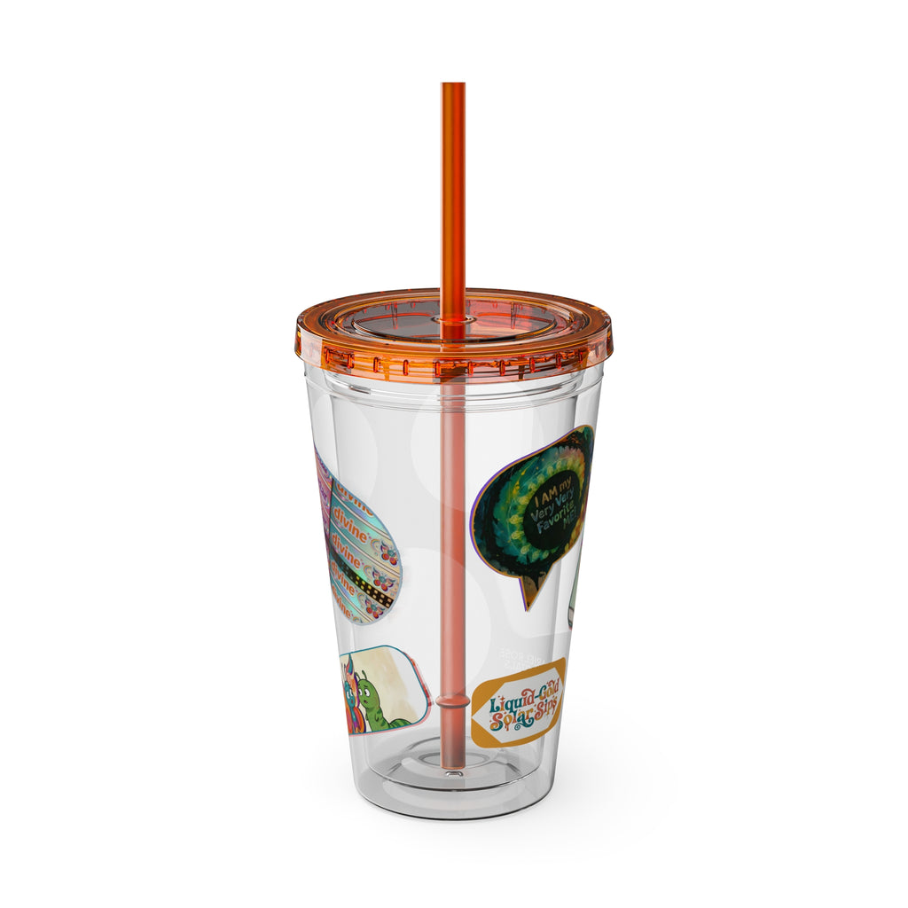 16 oz Sunsplash Tumbler with Straw — Retro Butterfly Sticker Design