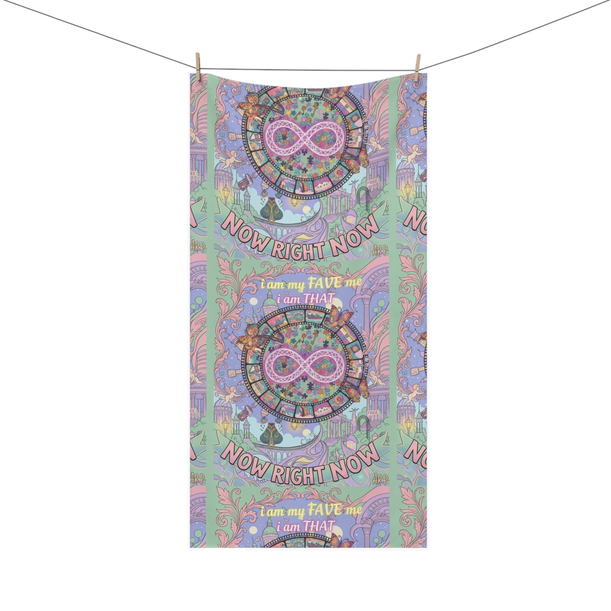 Inspirational Infinity Beach Towel — "Now Right Now" Pastel Mandala Design