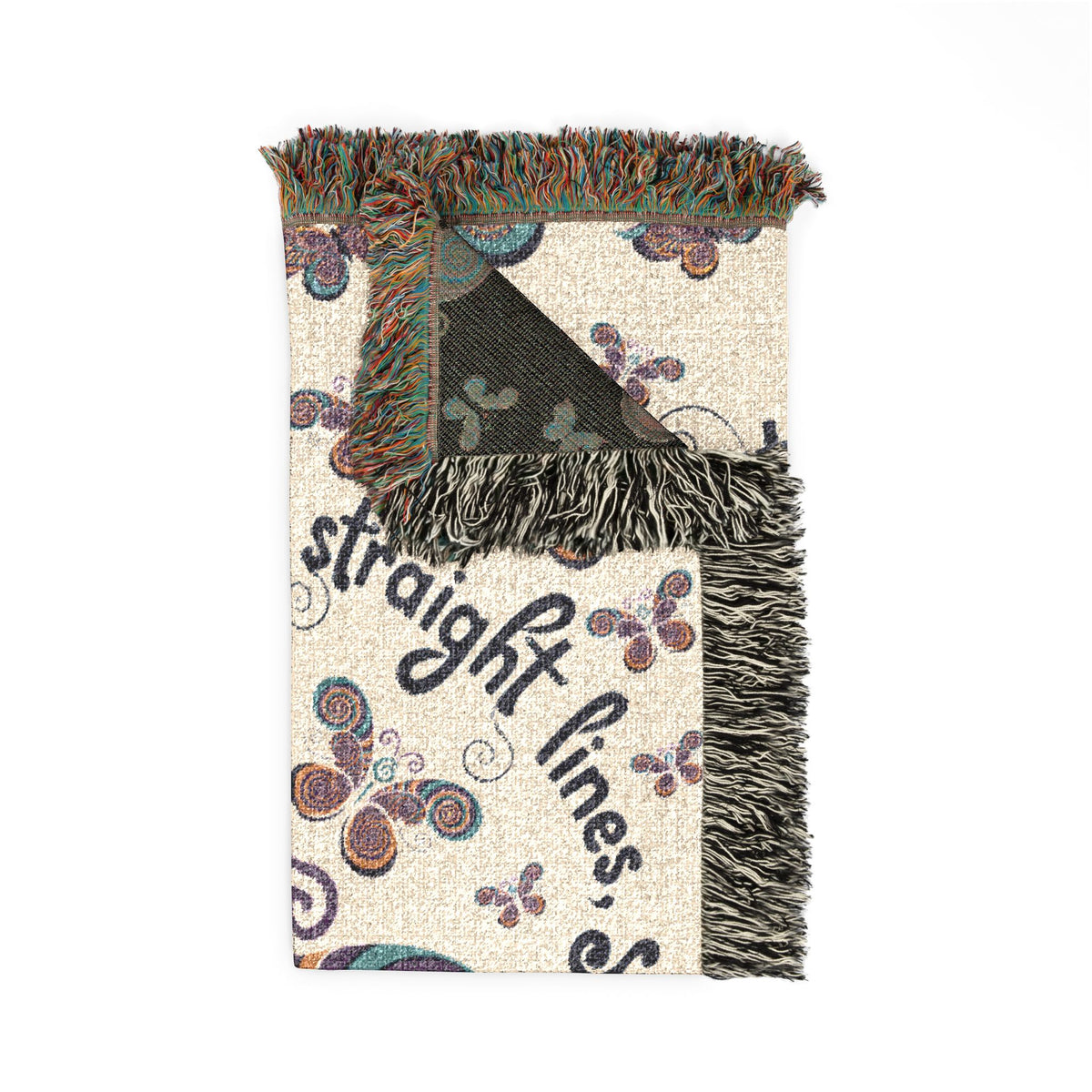 First Class Stardust Op Art Butterfly Woven Blanket — Earthtone Fringe Throw with Inspiring Script