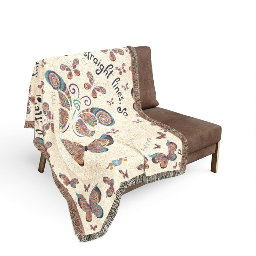 First Class Stardust Op Art Butterfly Woven Blanket — Earthtone Fringe Throw with Inspiring Script