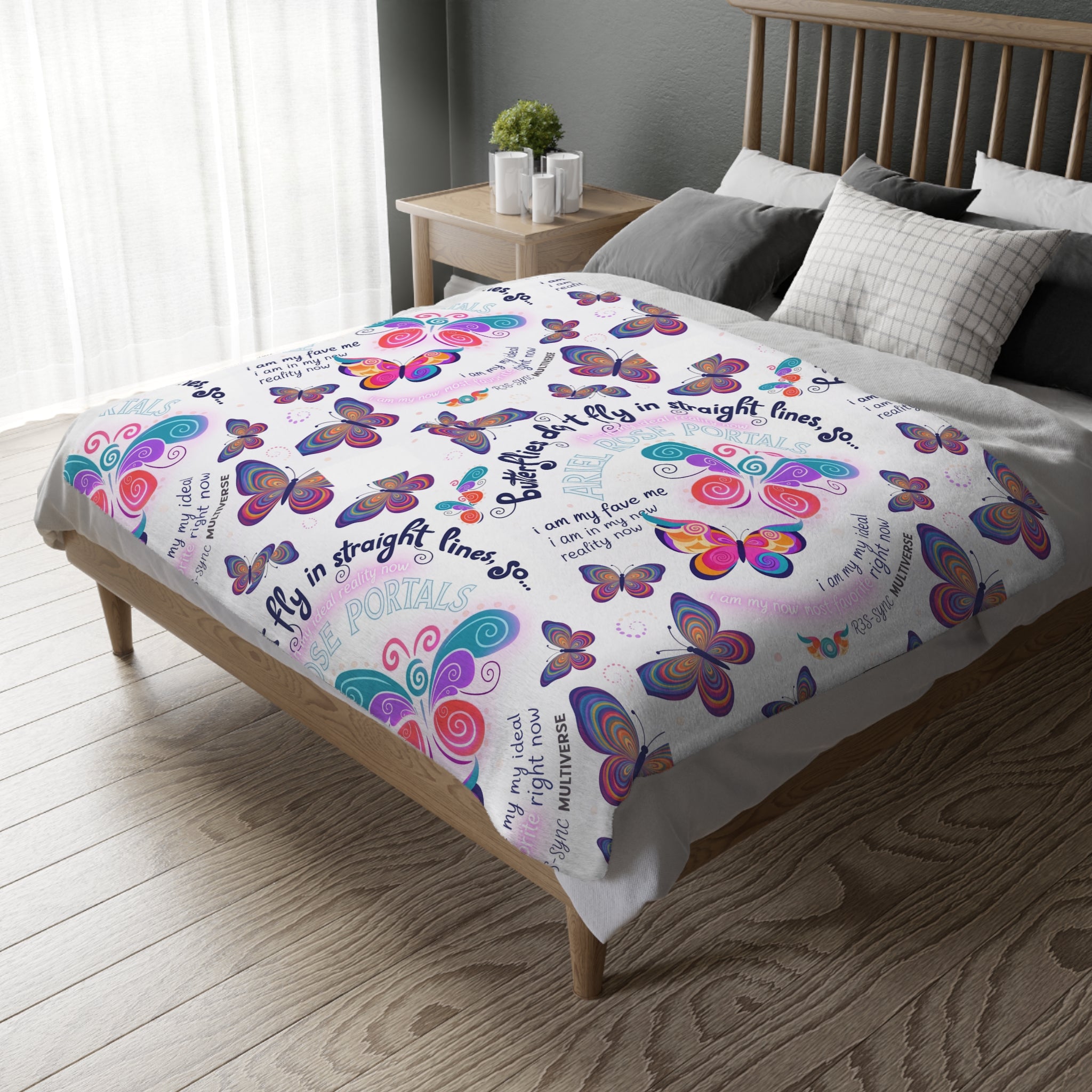 Two-Sided Velveteen R3S-Carpet Flight Path Cloak — Whimsical Butterflies & Bold Pink Collage