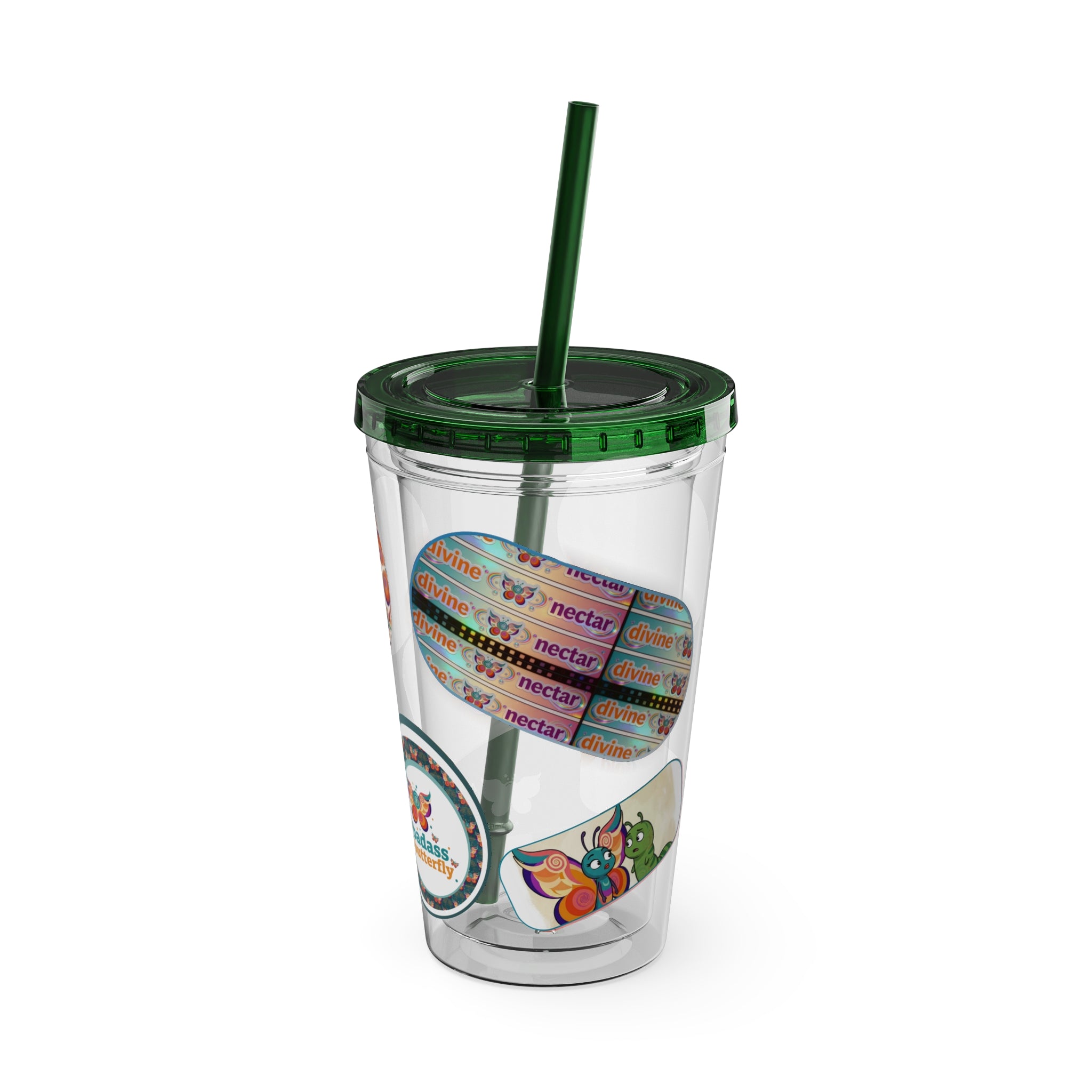 16 oz Sunsplash Tumbler with Straw — Retro Butterfly Sticker Design