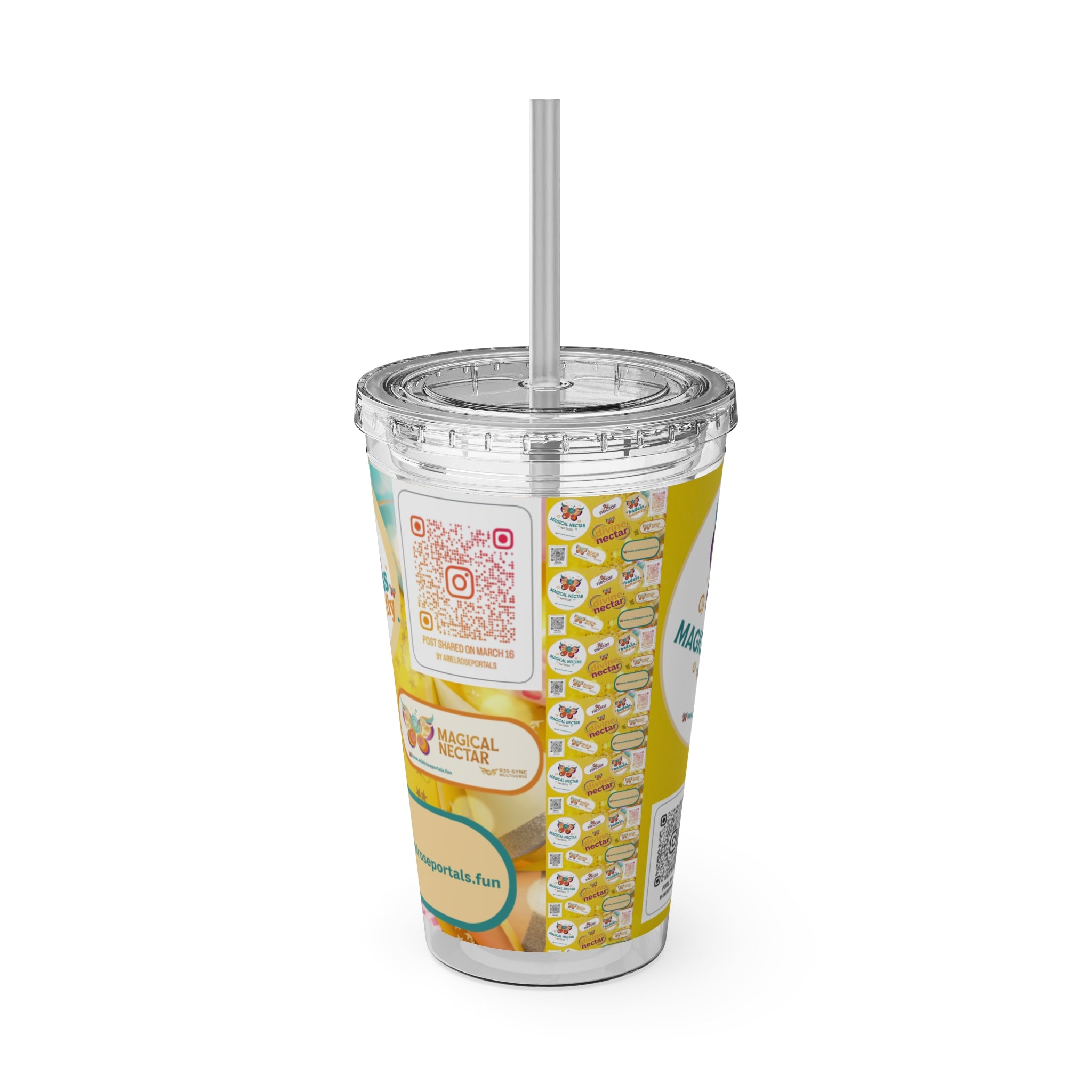 Bicchiere tumbler da 470 ml Sunsplash Ariel Rose Portals con cannuccia — Nettare magico e nettare divino, stoviglie giallo sole
