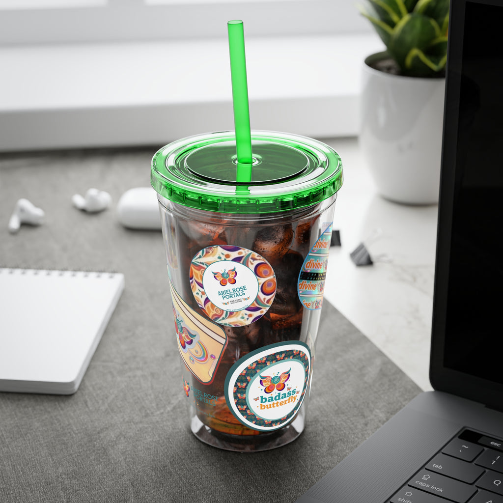 16 oz Sunsplash Tumbler with Straw — Retro Butterfly Sticker Design