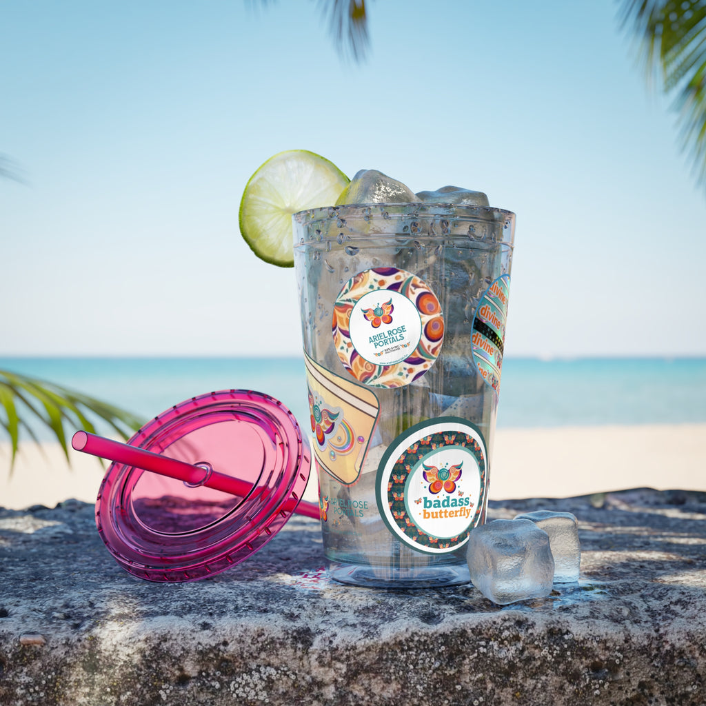 16 oz Sunsplash Tumbler with Straw — Retro Butterfly Sticker Design