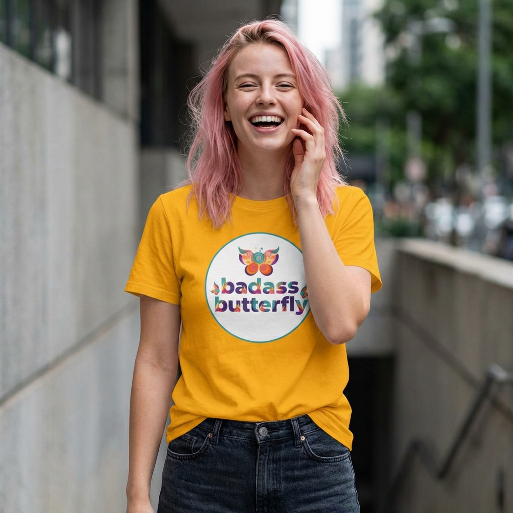 Maglietta "Badass Butterfly Sticker" — Ariel Rose Portals Variant in Stile Sticker