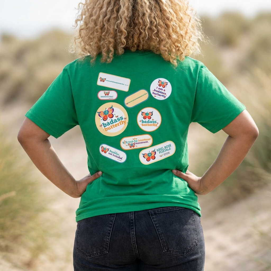 Maglietta "Badass Butterfly Sticker" — Ariel Rose Portals Variant in Stile Sticker