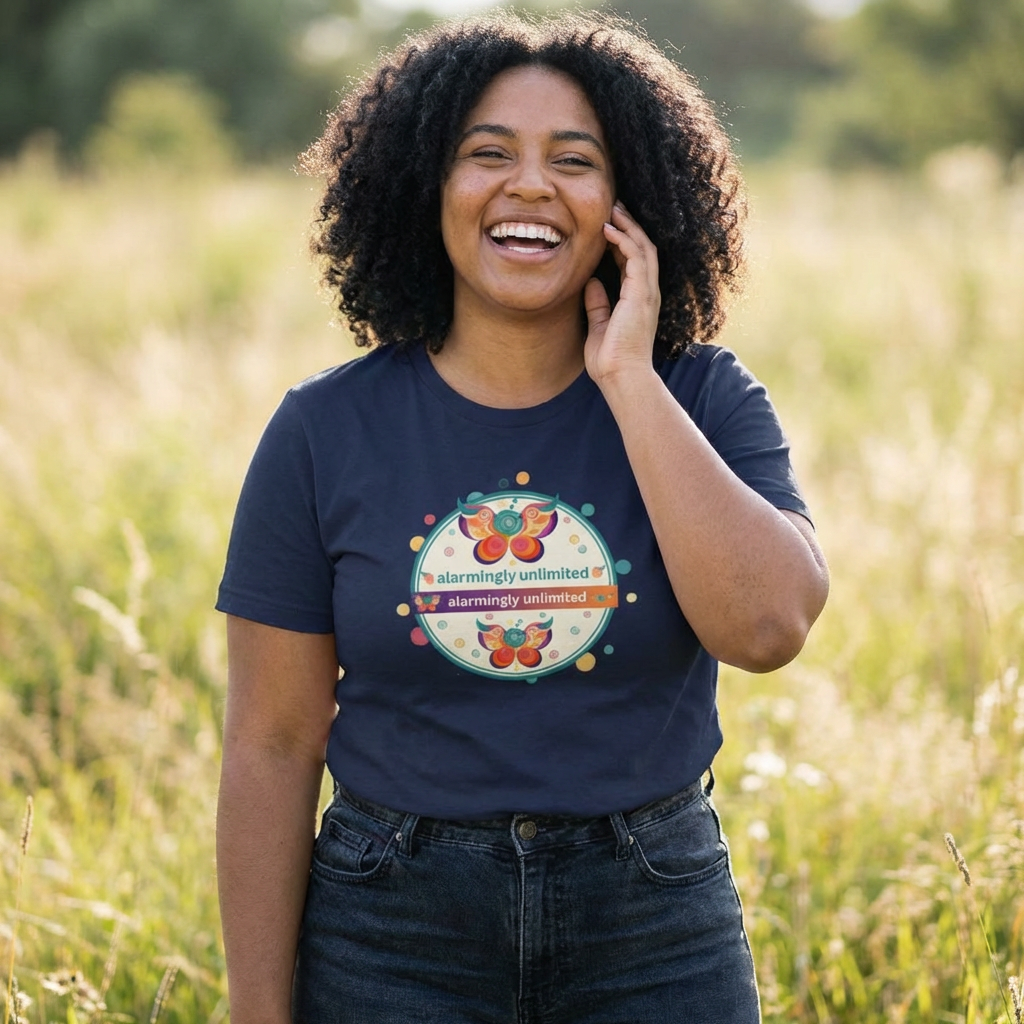 Colorful Butterfly and Caterpillar T-Shirt | whimsical Ariel Rose Parker art, 'Alarmingly Unlimited' text