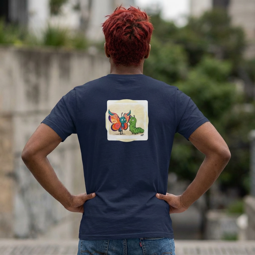 Colorful Butterfly and Caterpillar T-Shirt | whimsical Ariel Rose Parker art, 'Alarmingly Unlimited' text