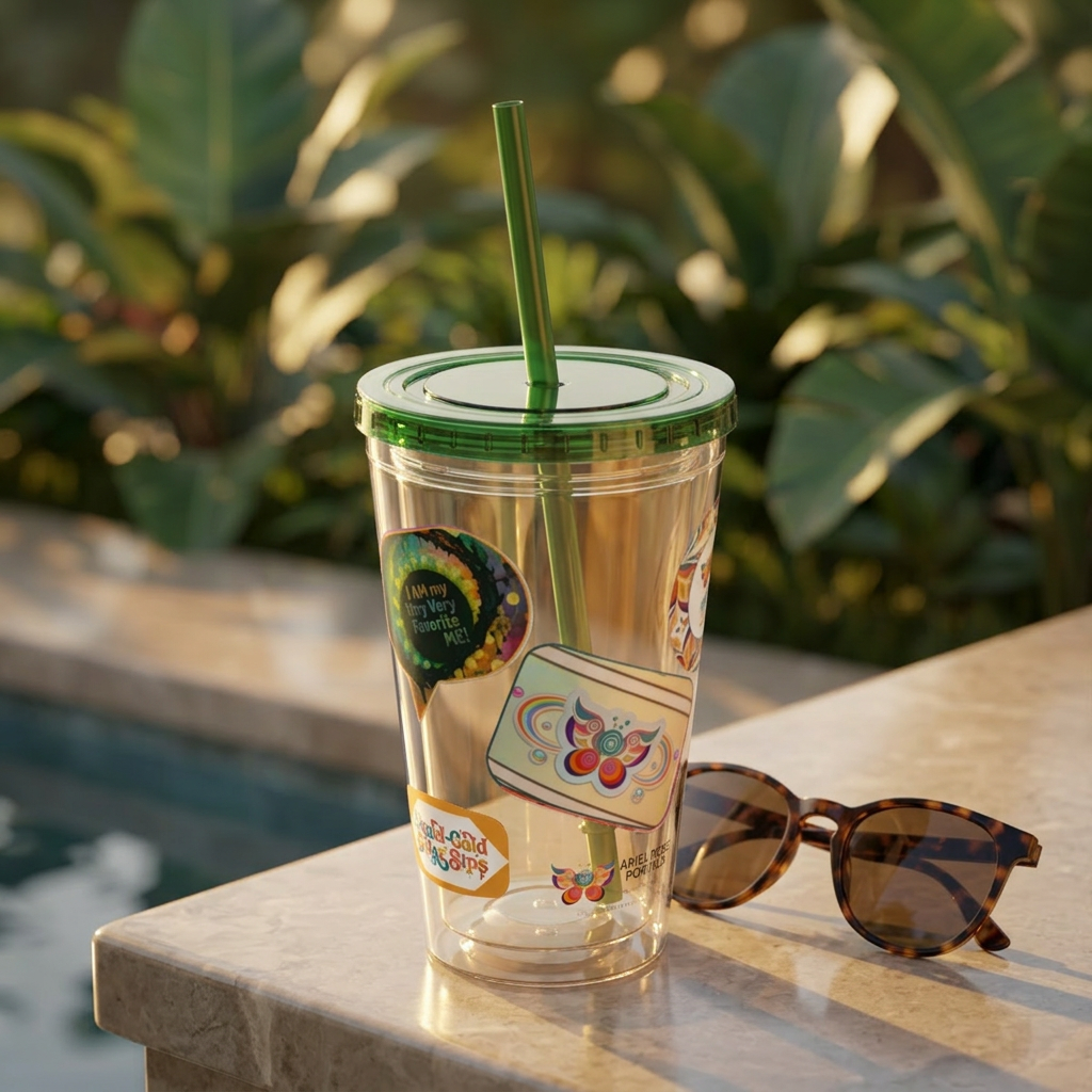 16 oz Sunsplash Tumbler with Straw — Retro Butterfly Sticker Design