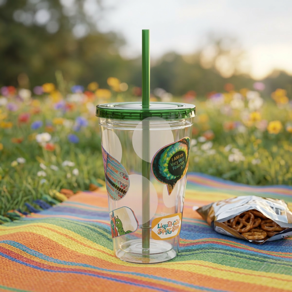 16 oz Sunsplash Tumbler with Straw — Retro Butterfly Sticker Design