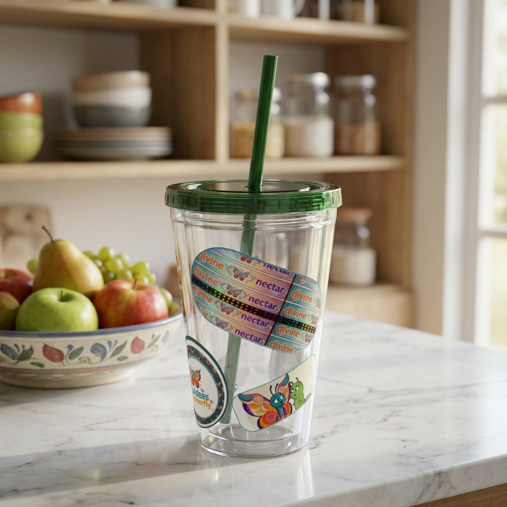 16 oz Sunsplash Tumbler with Straw — Retro Butterfly Sticker Design