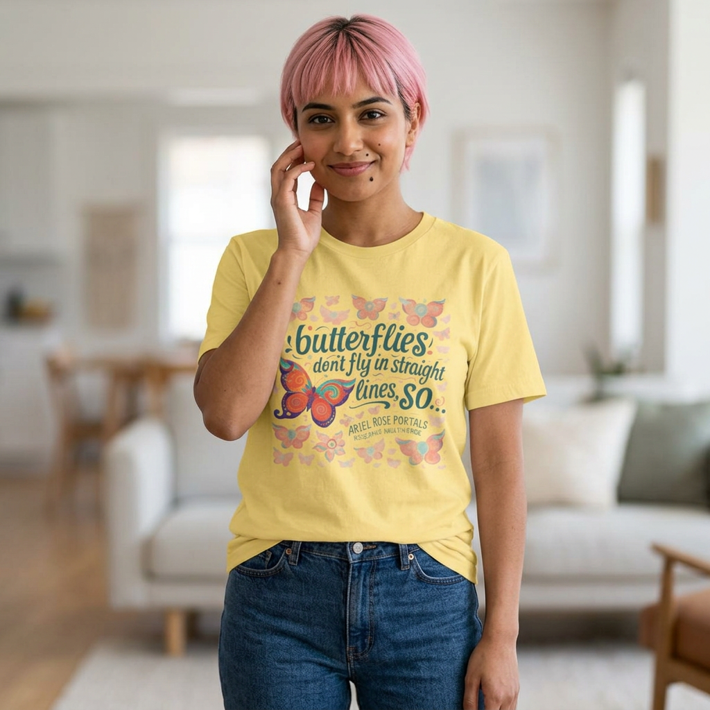Butterflies Don't Fly In Straight Lines Tee — Inspirational Butterfly Quote T‑Shirt