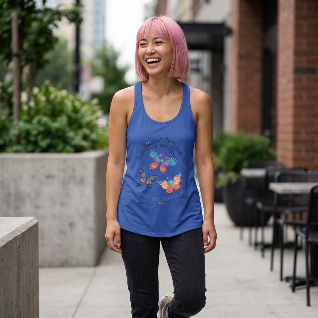 Butterfly Flight Paths Racerback Tank — "Butterflies don't fly in straight lines" Womens Flowy Tank