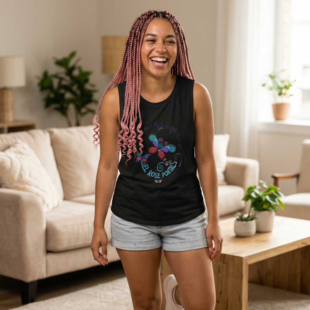 Butterfly Flight Path Flowy Tank - Women's Flowy Scoop Tank with "Feel Rose Poetry" Design