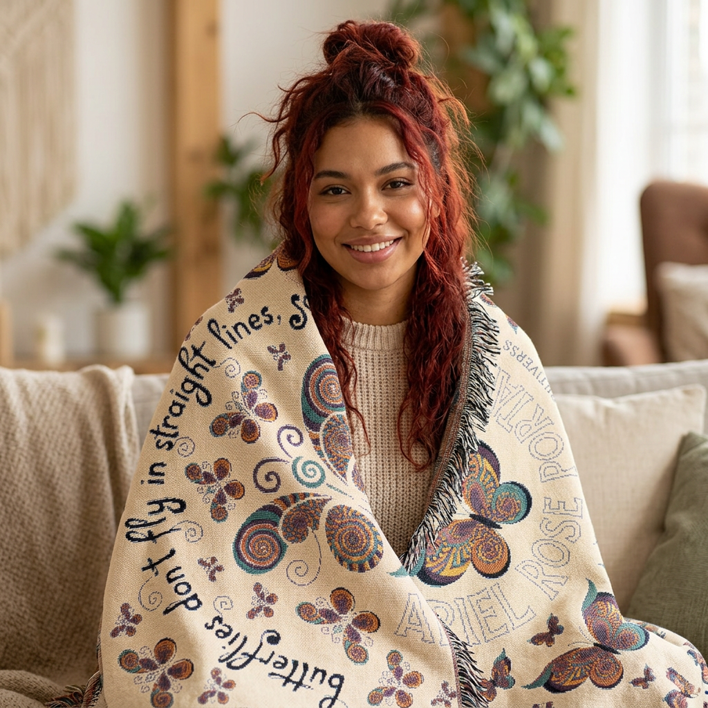 First Class Stardust Op Art Butterfly Woven Blanket — Earthtone Fringe Throw with Inspiring Script
