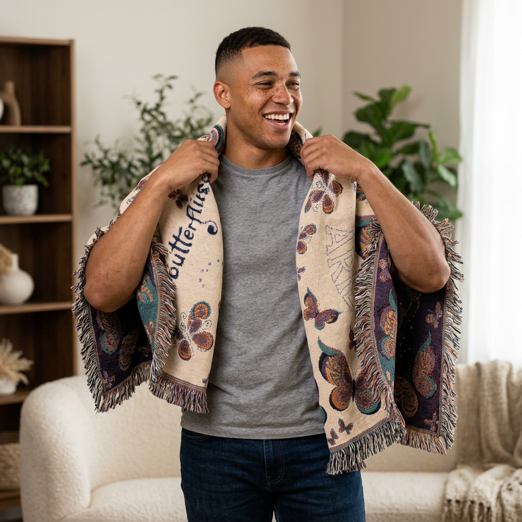 First Class Stardust Op Art Butterfly Woven Blanket — Earthtone Fringe Throw with Inspiring Script