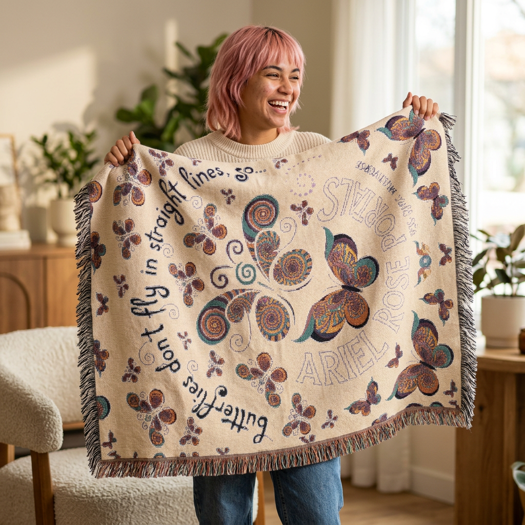 First Class Stardust Op Art Butterfly Woven Blanket — Earthtone Fringe Throw with Inspiring Script