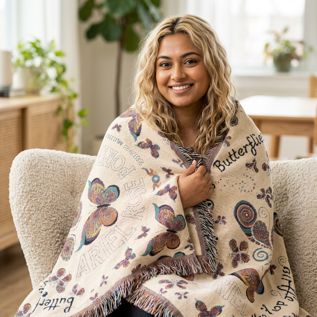 First Class Stardust Op Art Butterfly Woven Blanket — Earthtone Fringe Throw with Inspiring Script