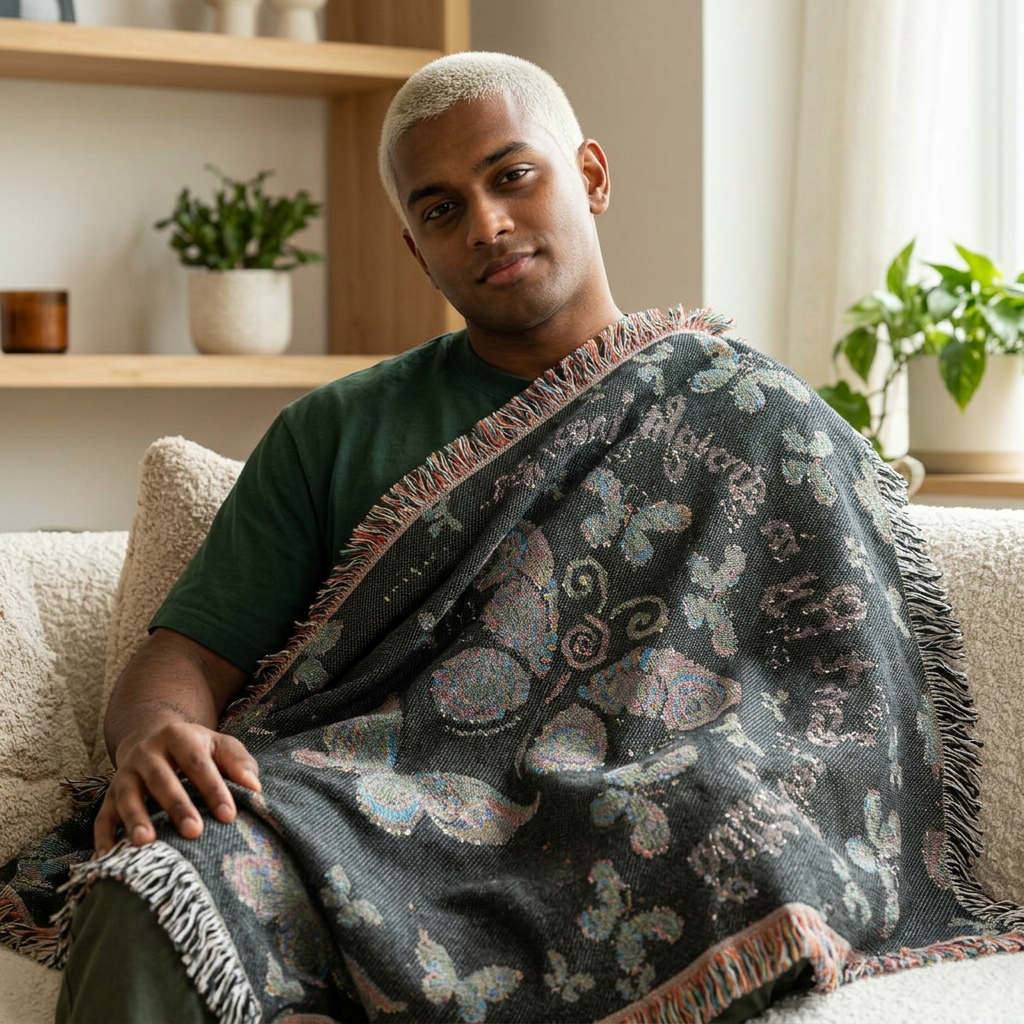 First Class Stardust Op Art Butterfly Woven Blanket — Earthtone Fringe Throw with Inspiring Script