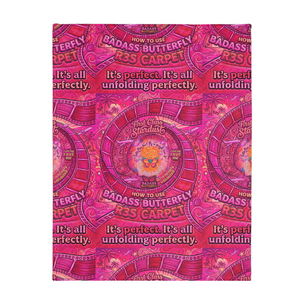 Two-Sided Velveteen R3S-Carpet Flight Path Cloak — Whimsical Butterflies & Bold Pink Collage