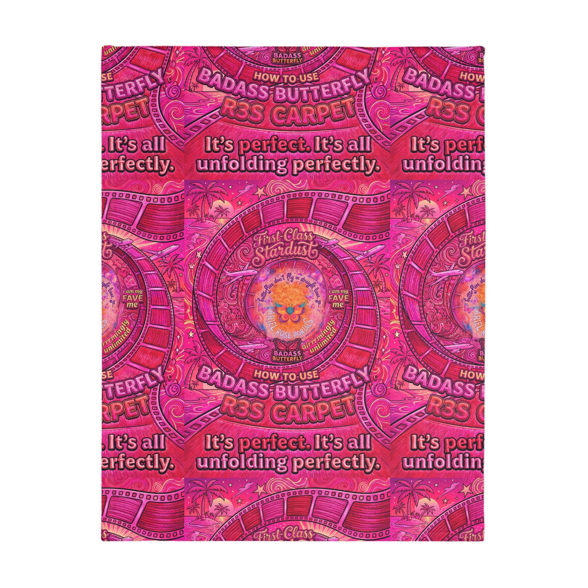 Two-Sided Velveteen R3S-Carpet Flight Path Cloak — Whimsical Butterflies & Bold Pink Collage
