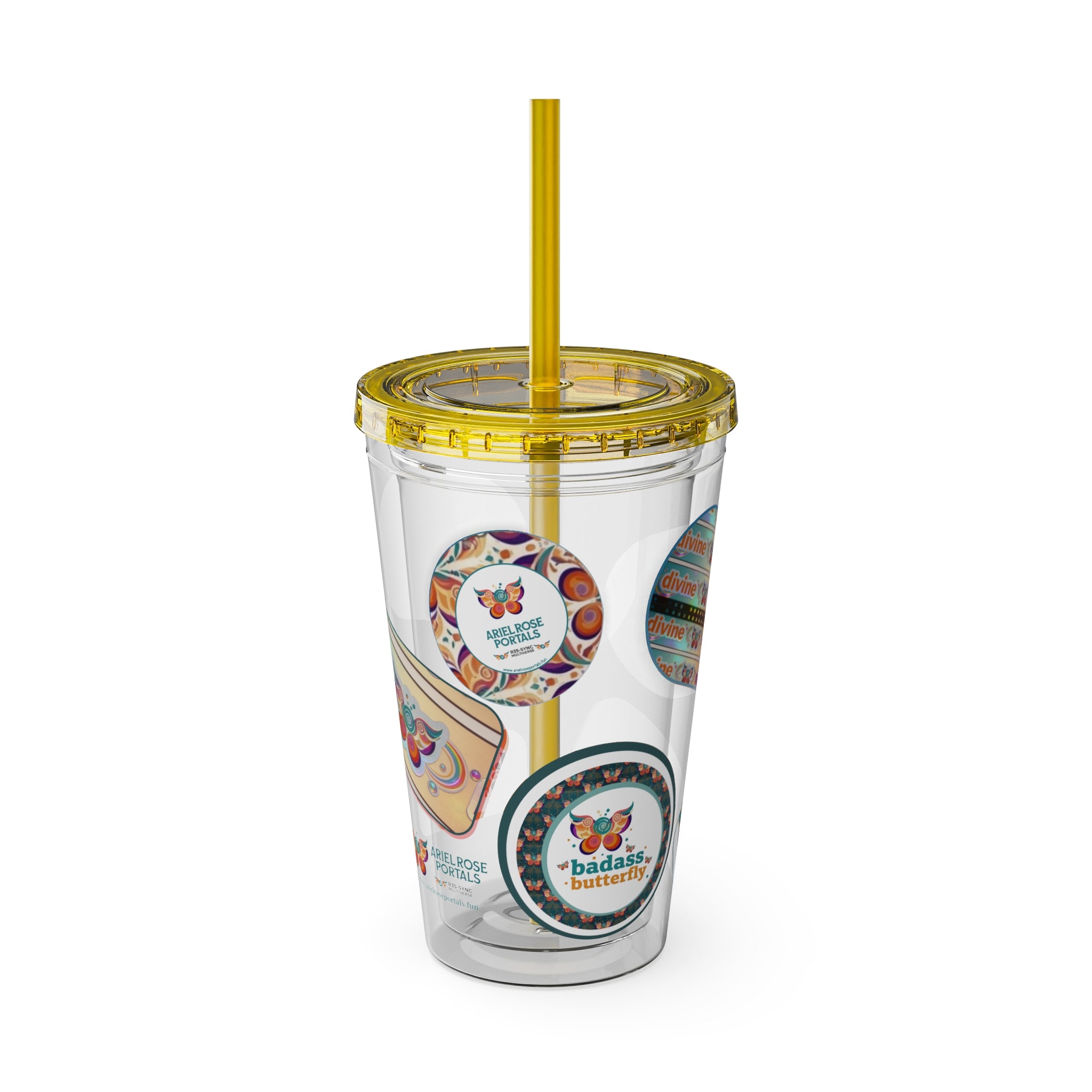 16 oz Sunsplash Tumbler with Straw — Retro Butterfly Sticker Design