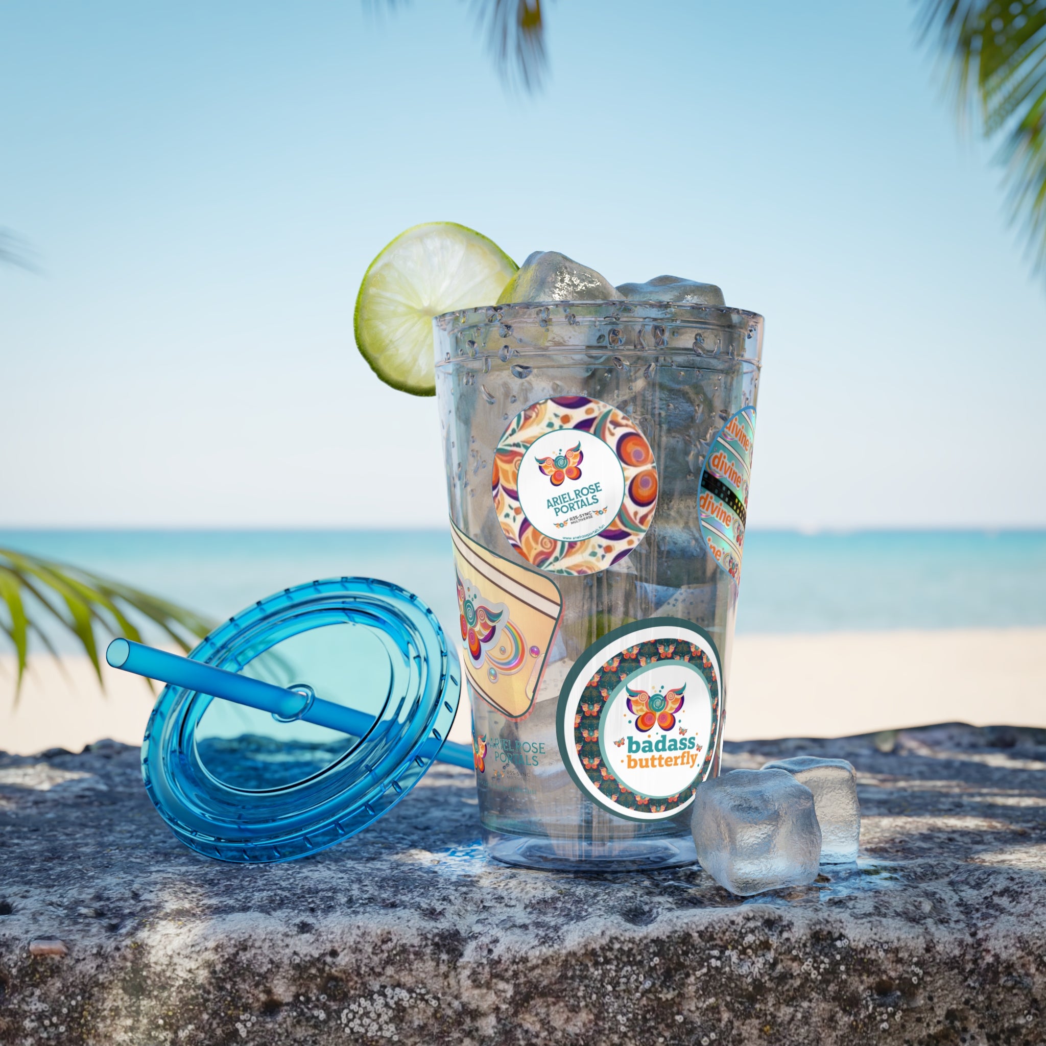 16 oz Sunsplash Tumbler with Straw — Retro Butterfly Sticker Design