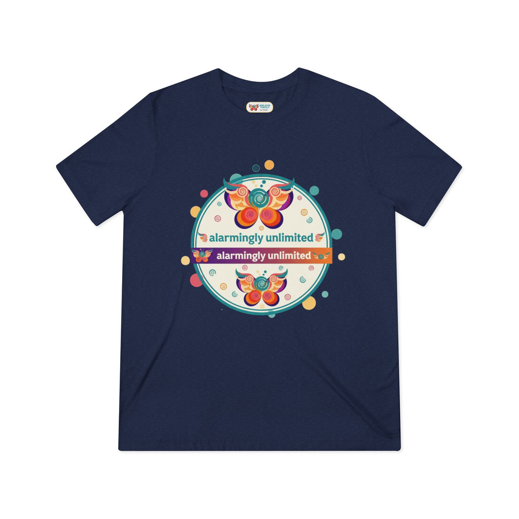 Colorful Butterfly and Caterpillar T-Shirt | whimsical Ariel Rose Parker art, 'Alarmingly Unlimited' text