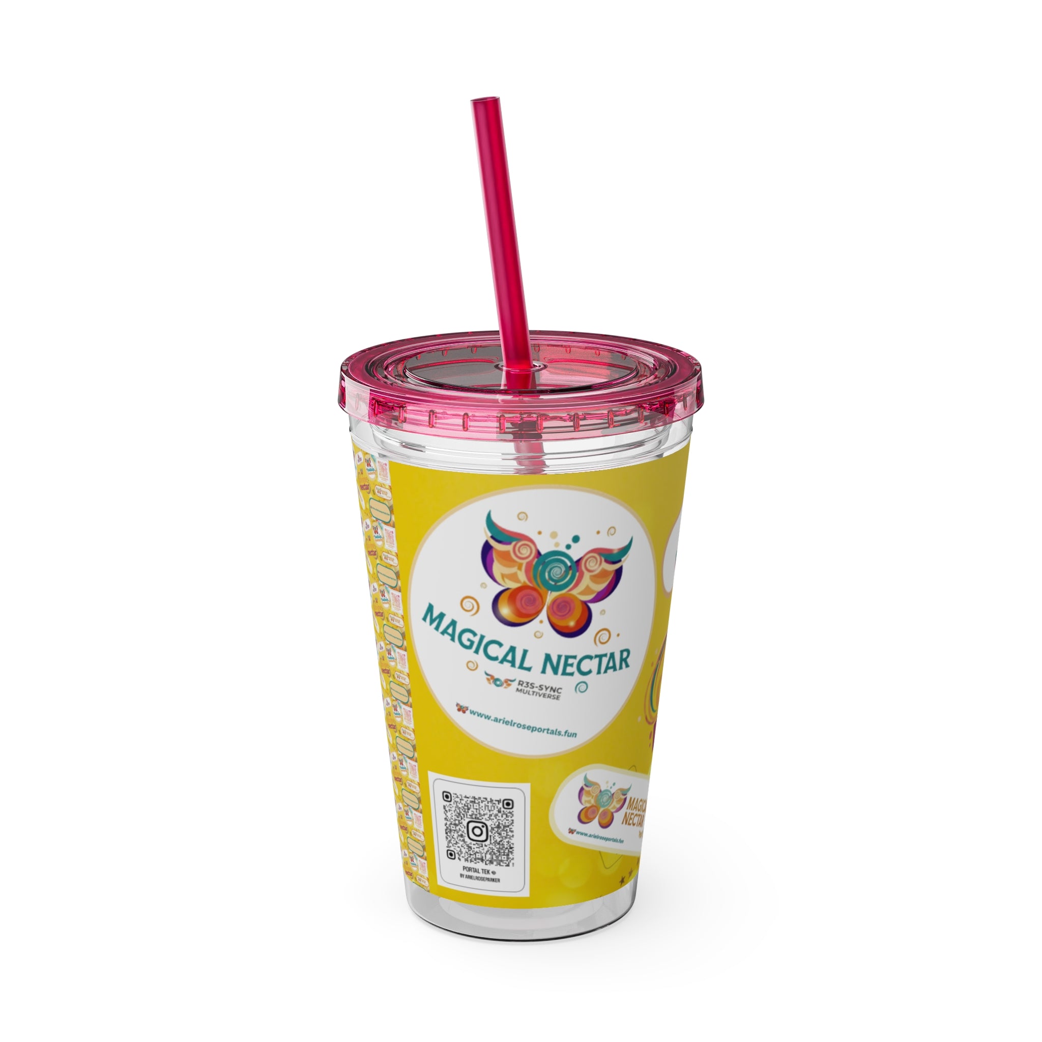 Bicchiere tumbler da 470 ml Sunsplash Ariel Rose Portals con cannuccia — Nettare magico e nettare divino, stoviglie giallo sole