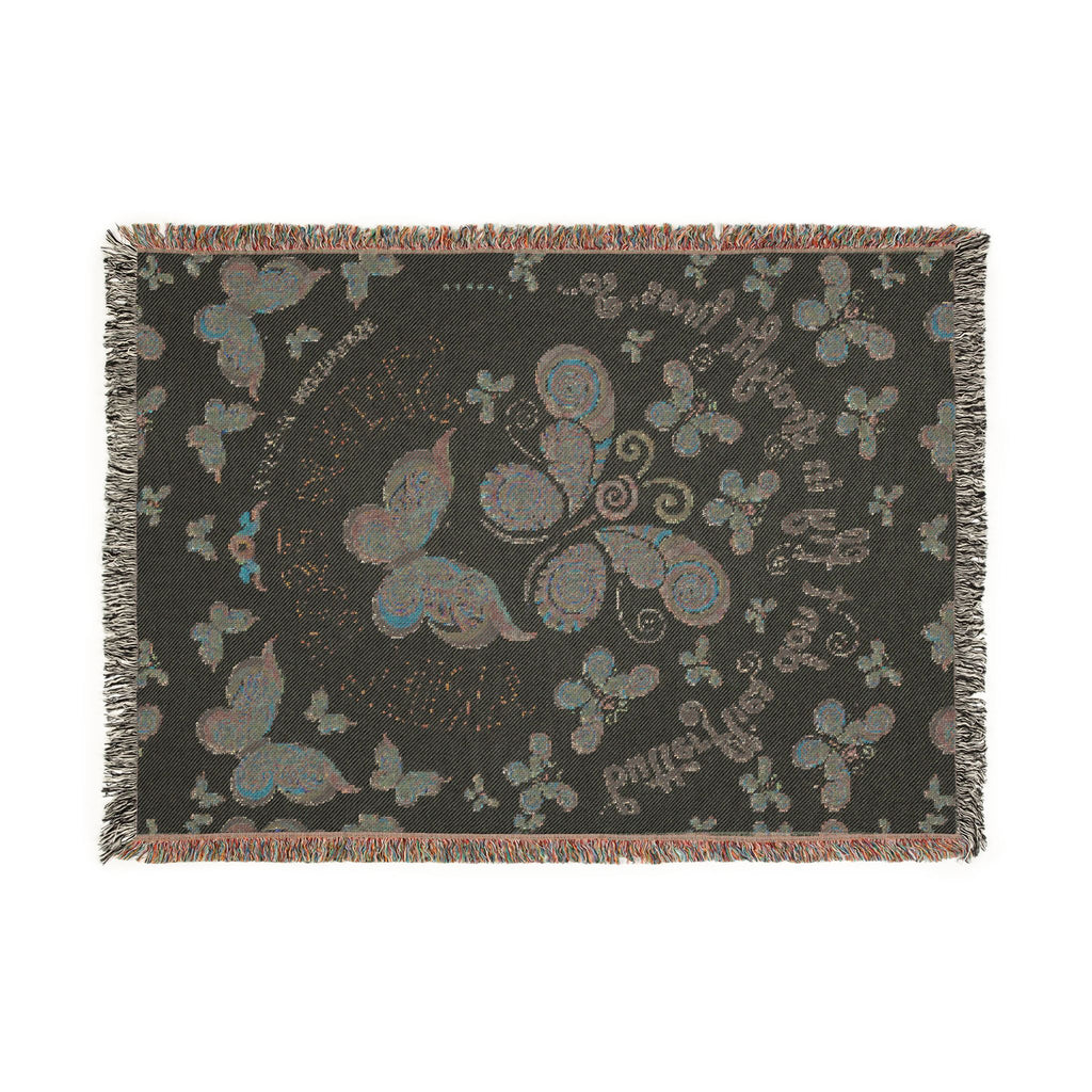 First Class Stardust Op Art Butterfly Woven Blanket — Earthtone Fringe Throw with Inspiring Script