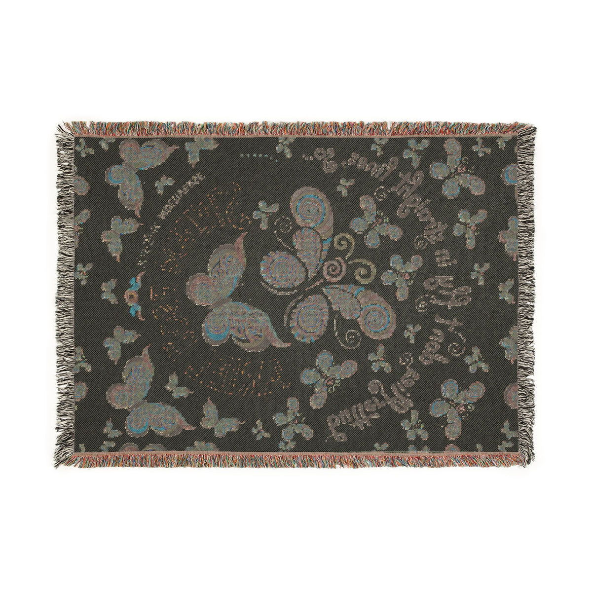 First Class Stardust Op Art Butterfly Woven Blanket — Earthtone Fringe Throw with Inspiring Script