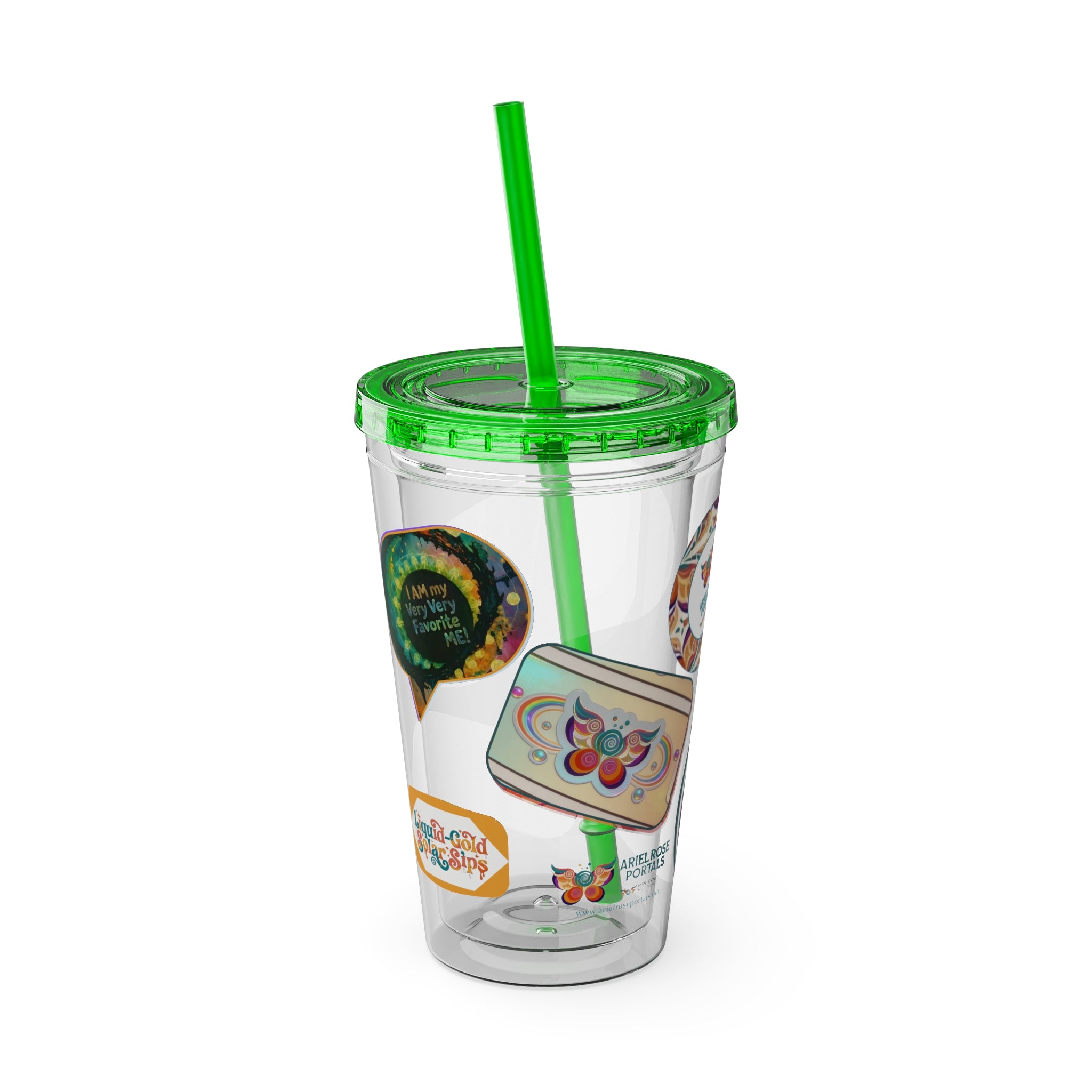 16oz Sunsplash Tumbler with Straw — Retro Butterfly Sticker Design