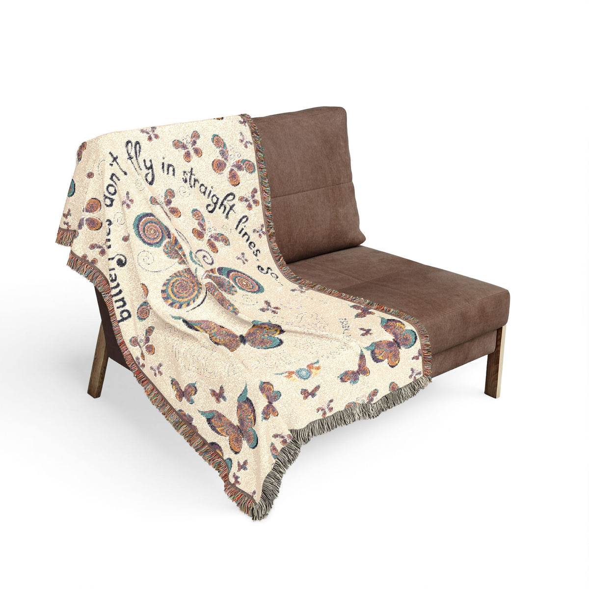 First Class Stardust Op Art Butterfly Woven Blanket — Earthtone Fringe Throw with Inspiring Script