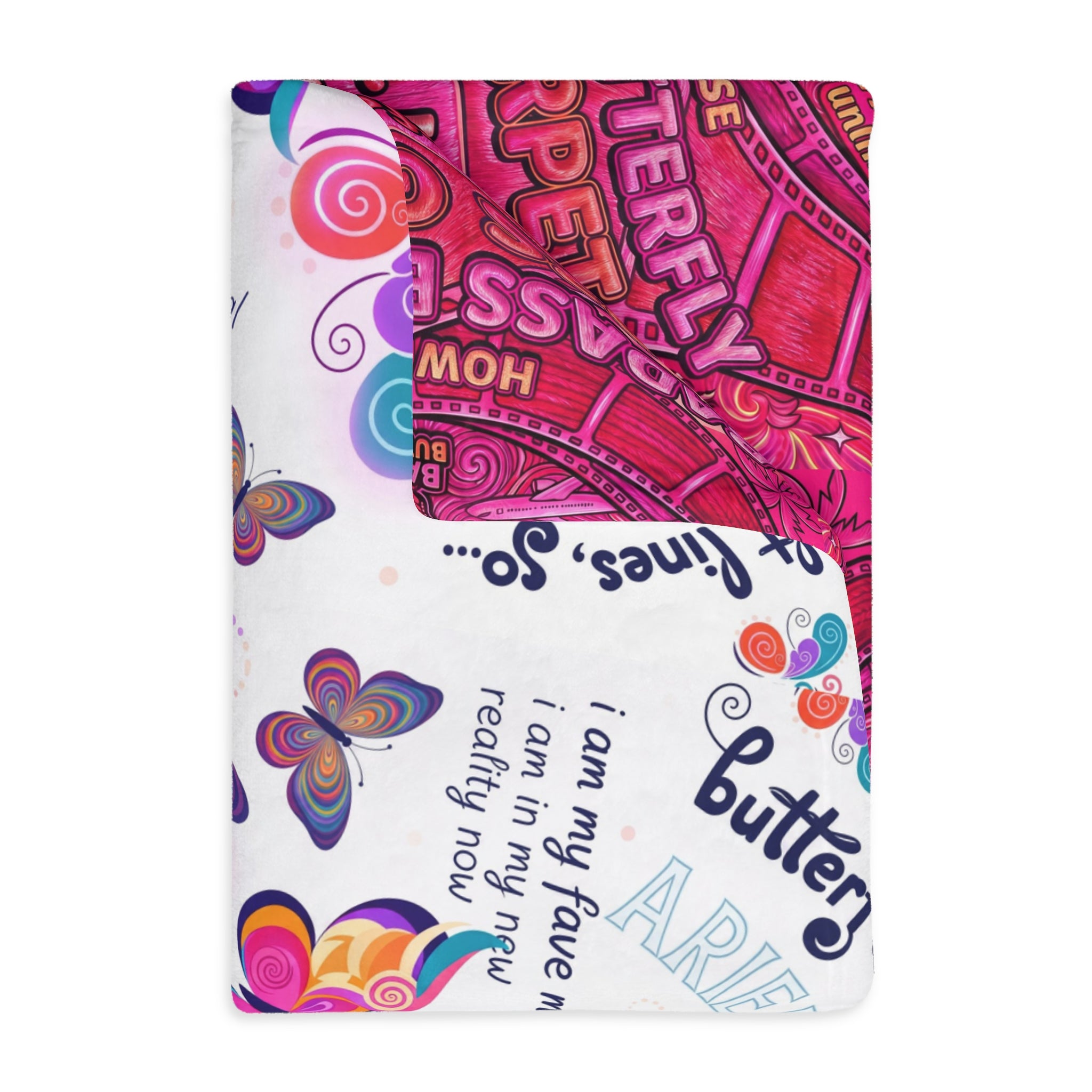 Two-Sided Velveteen R3S-Carpet Flight Path Cloak — Whimsical Butterflies & Bold Pink Collage